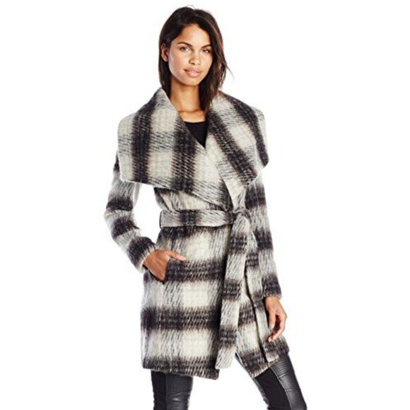 BCBGeneration Plaid Wool Wrap Coat Sz XS Belted Shawl Collar Fuzzy Mid-Length - Picture 1 of 14